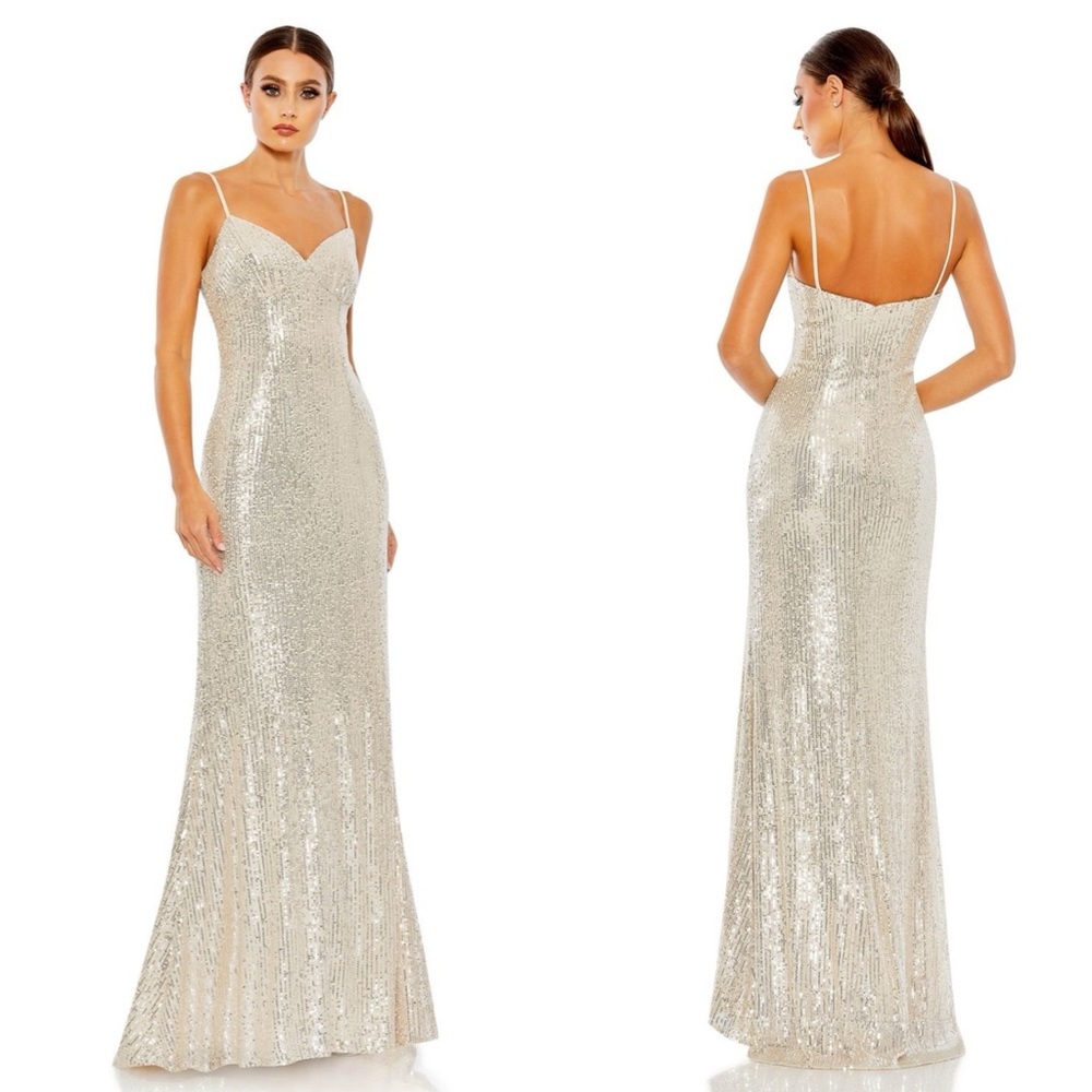 Ieena for Mac Duggal / NWT 11276 Sweetheart Neckline Sequin Dress in Nude silver